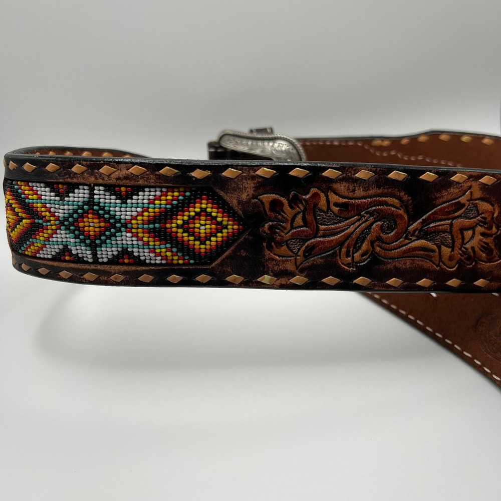 3D Men's Tooled Leather Western Belt Sz 32 – Floral Beaded Silver Buckle Rodeo - Picture 7 of 7